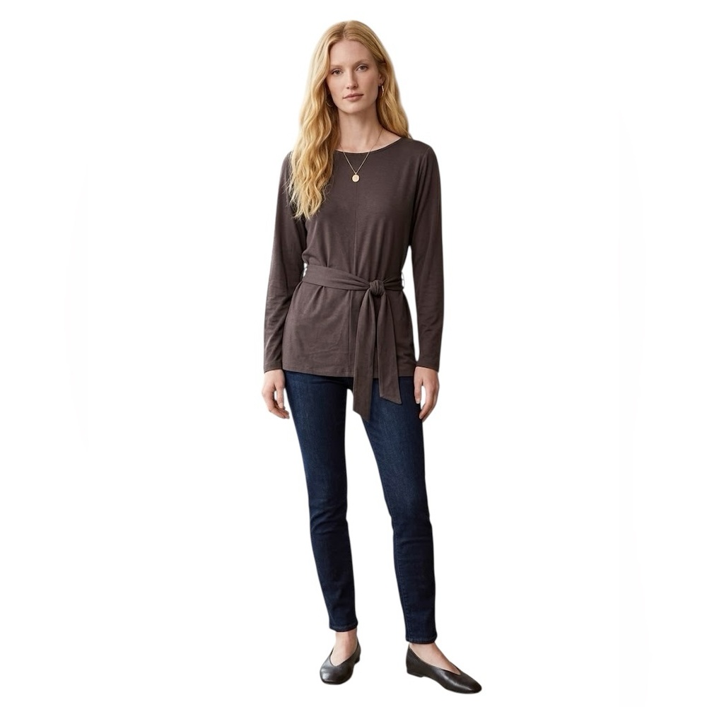 Kenneth Cole Brown Long-Sleeve Tie-Waist Top Size L/G
